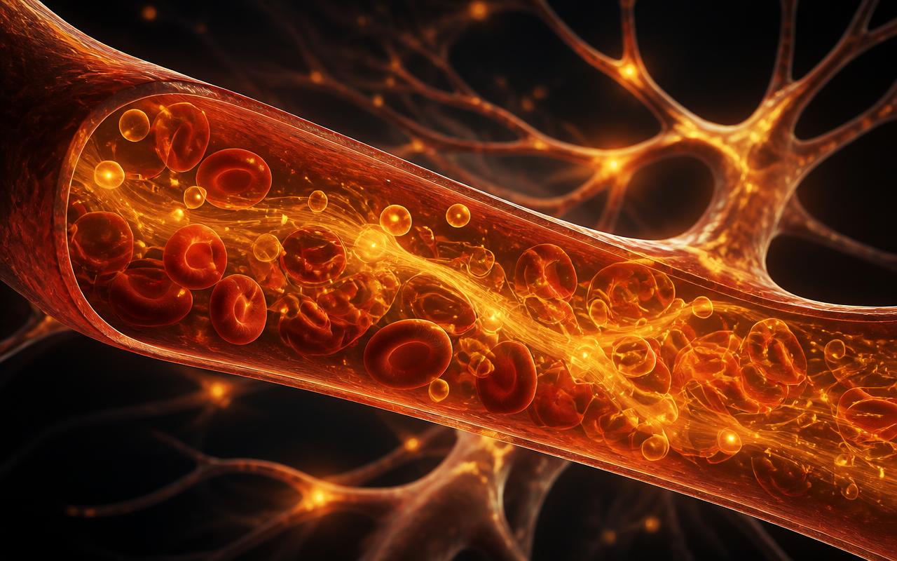 Illustration of blood flow and nitric oxide activity inside a vessel