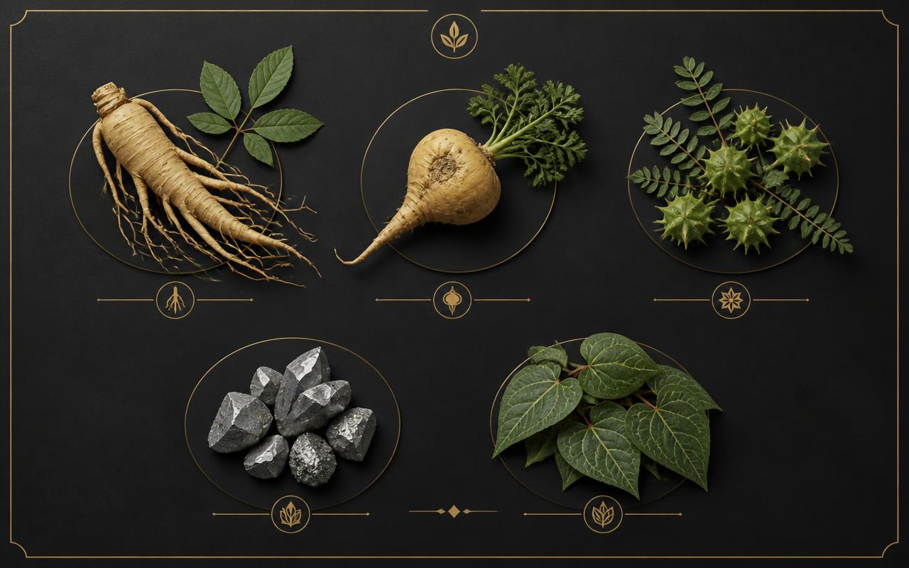 Herbal ingredients typical of a men's vitality supplement: ginseng, maca, tribulus, zinc and epimedium