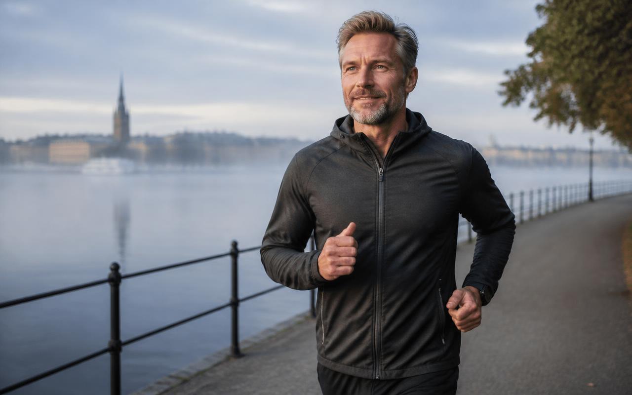 Man in his forties jogging by the water in Sweden on a misty morning